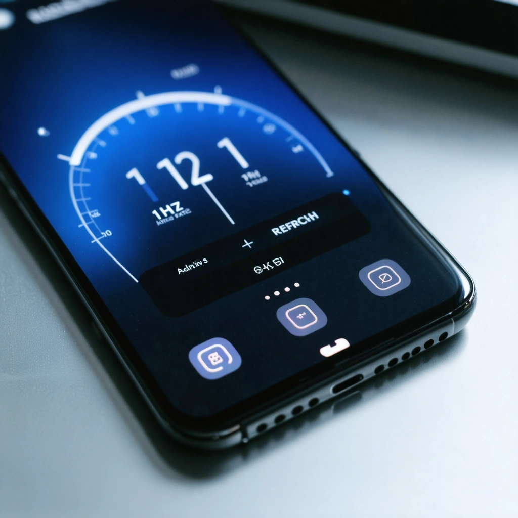 Gros plan réaliste d'un smartphone haut de gamme affichant des informations sur la fréquence de rafraîchissement adaptative et l'autonomie de la batterie.