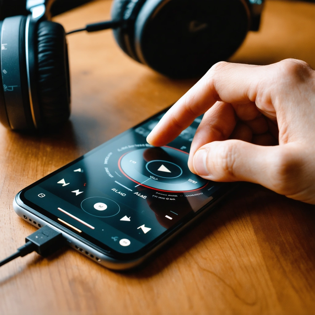 Un smartphone recent affiche un lecteur audio avec des formats lossless comme FLAC, ALAC et WAV, relie a un casque filaire et a un petit DAC USB-C sur un bureau.