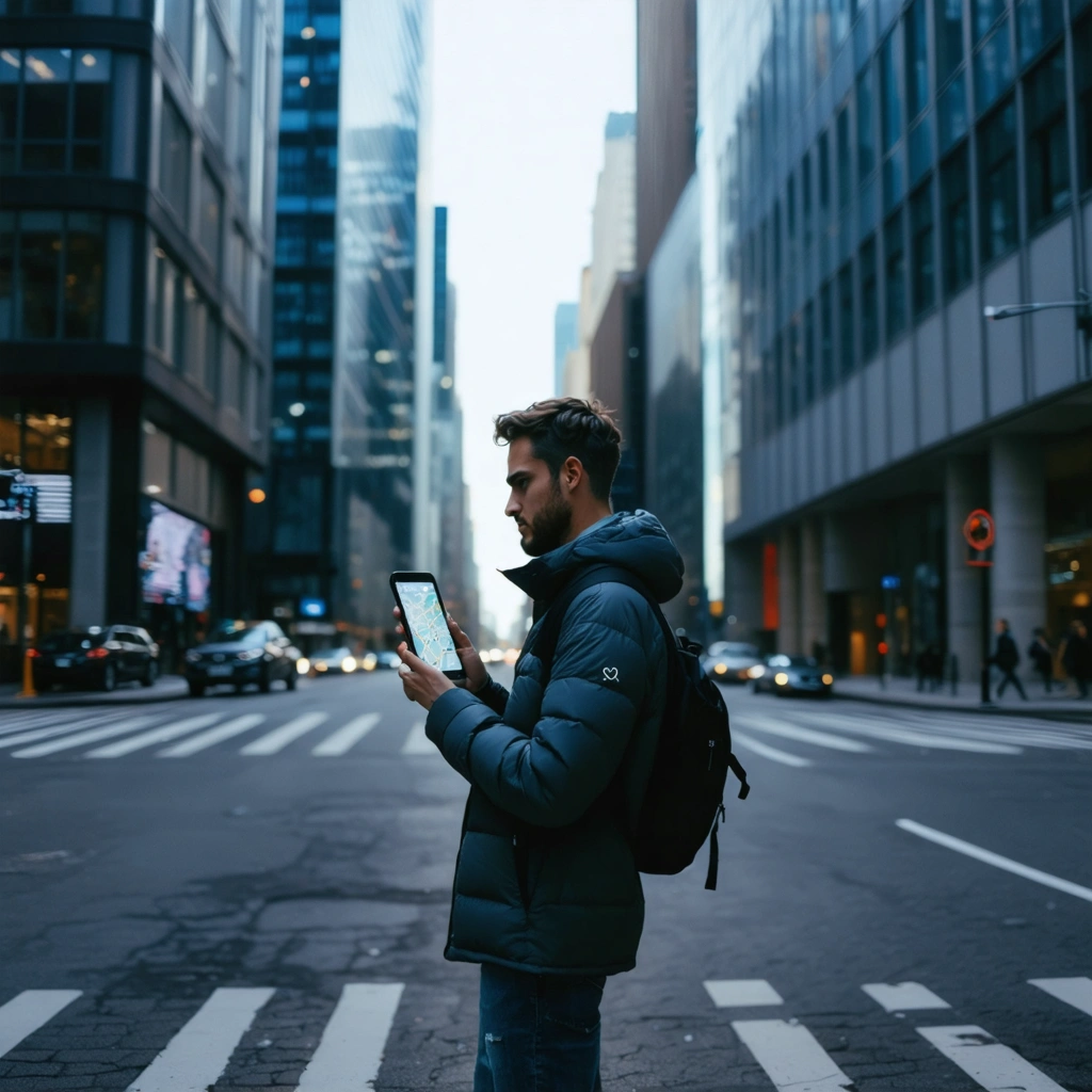 Personne consultant la navigation GPS sur un smartphone dans une rue de centre-ville entourée de grands immeubles