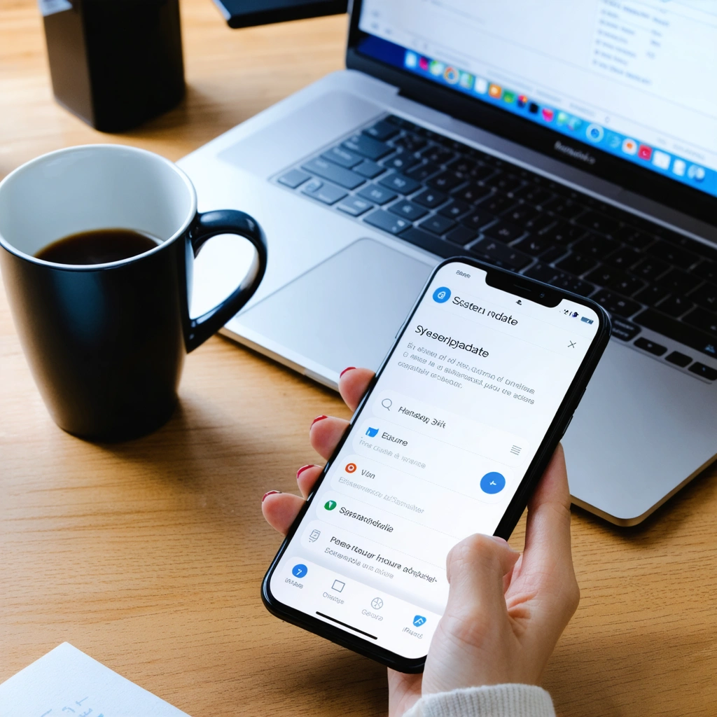 Un smartphone affichant un écran de mise à jour système posé sur un bureau à côté d’un ordinateur portable, dans un environnement de travail technologique réaliste.