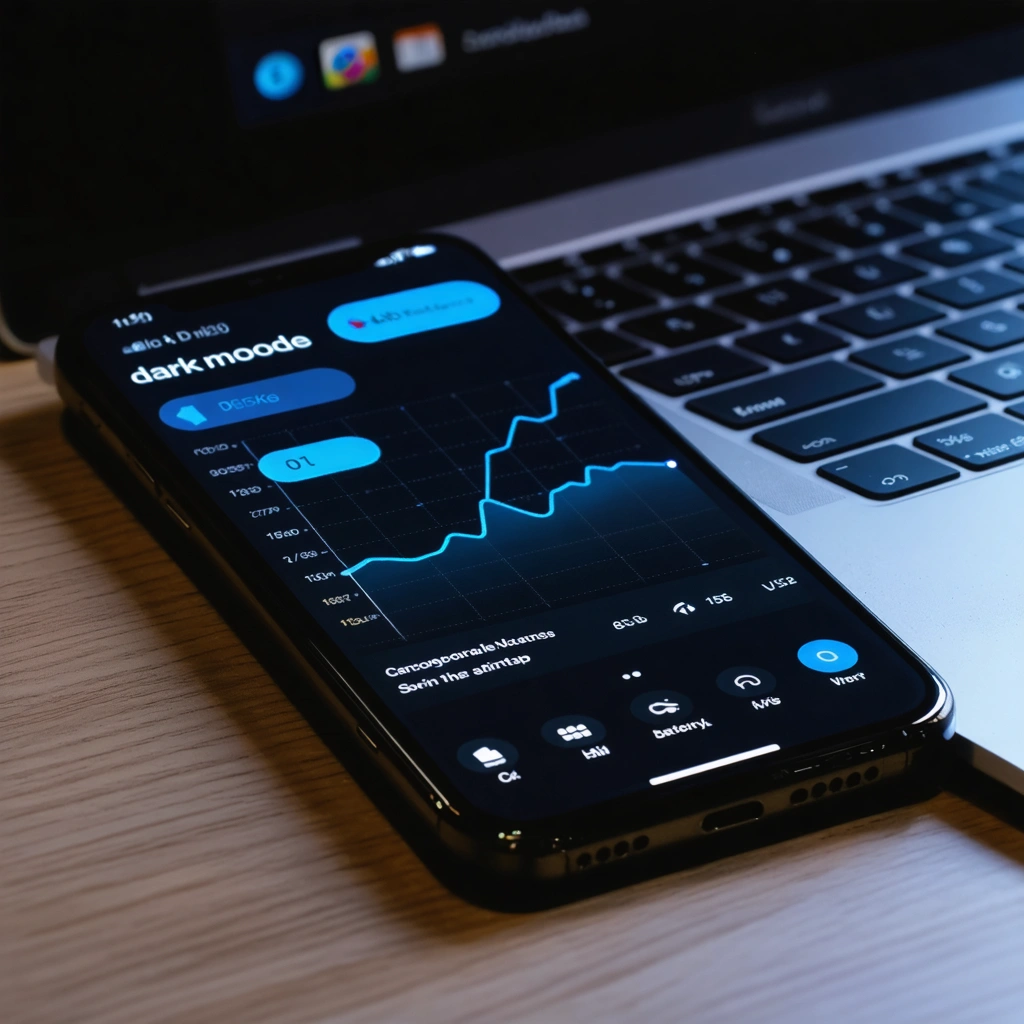 Un smartphone affichant le mode sombre sur un écran LCD, posé sur un bureau à côté d’un ordinateur montrant des informations sur la batterie.