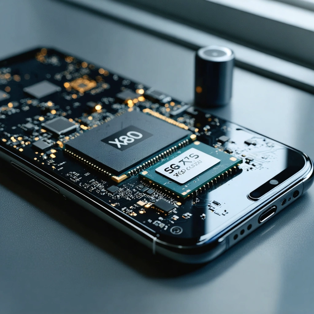 Vue réaliste d’un smartphone récent avec ses composants internes partiellement visibles, mettant en avant un modem 5G X80 comparé à un X75 dans un contexte de technologie mobile.