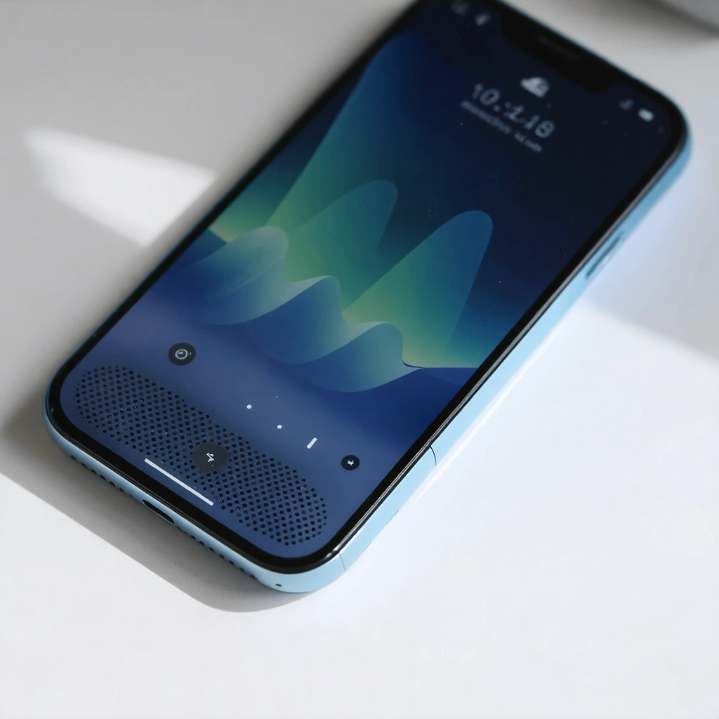 Gros plan réaliste sur un smartphone moderne dont la grille du haut-parleur est nettoyée délicatement, avec une interface affichant des ondes sonores