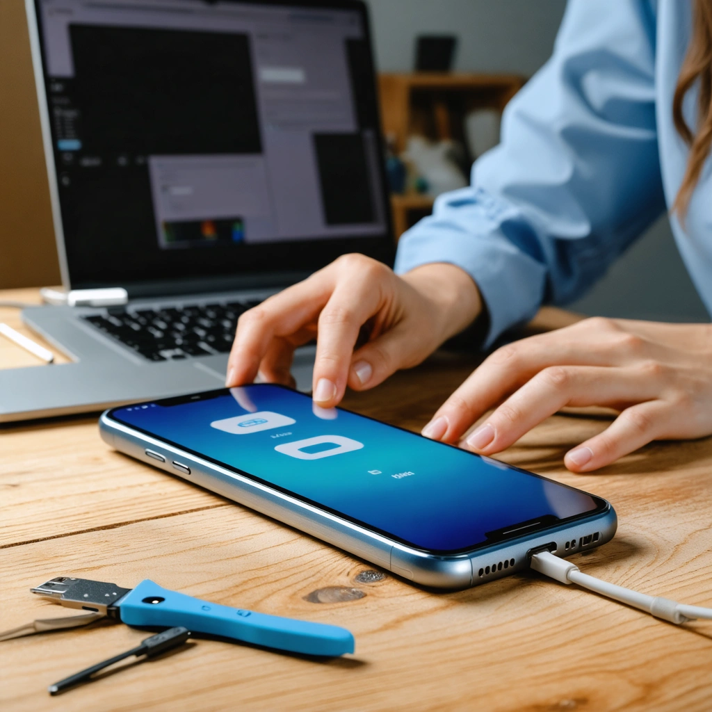 Un smartphone avec port USB endommagé posé sur un bureau, tandis qu’une femme transfère ses données vers un ordinateur avec des outils de réparation à côté.