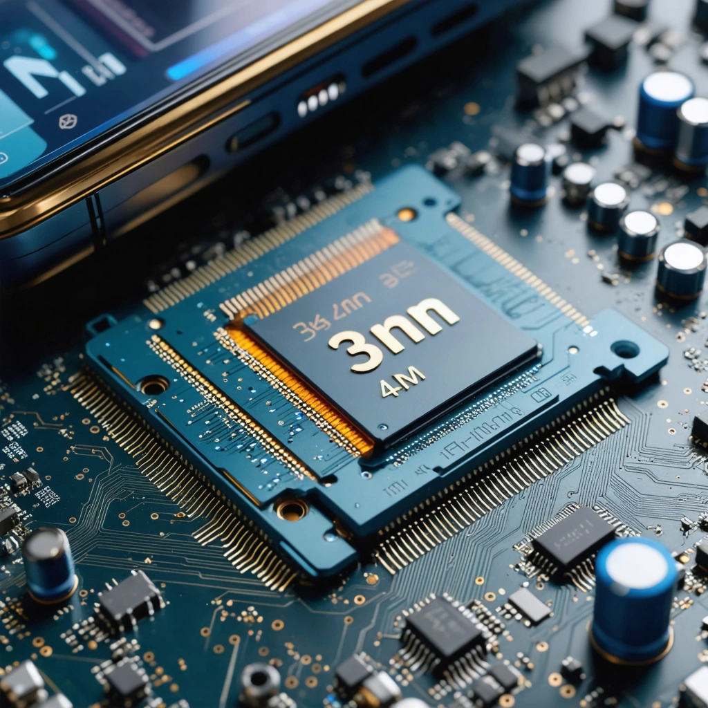Gros plan réaliste sur les composants internes d’un smartphone haut de gamme avec une mise en scène comparant une puce 3 nm et une puce 4 nm, pour illustrer les différences de performance et d’efficacité.