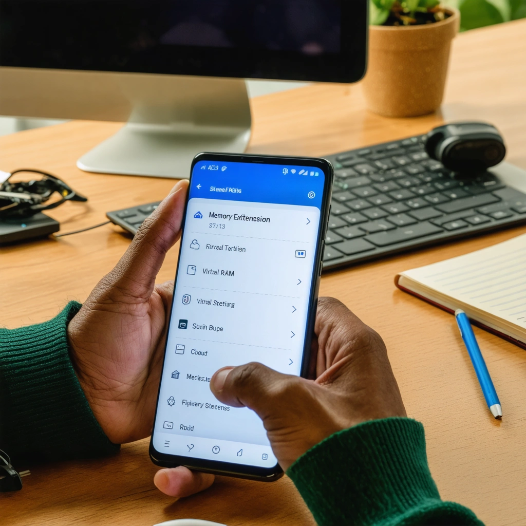 Un smartphone Android d'entrée de gamme affichant les réglages de ram virtuelle ou mémoire étendue, posé sur un bureau avec des accessoires du quotidien.