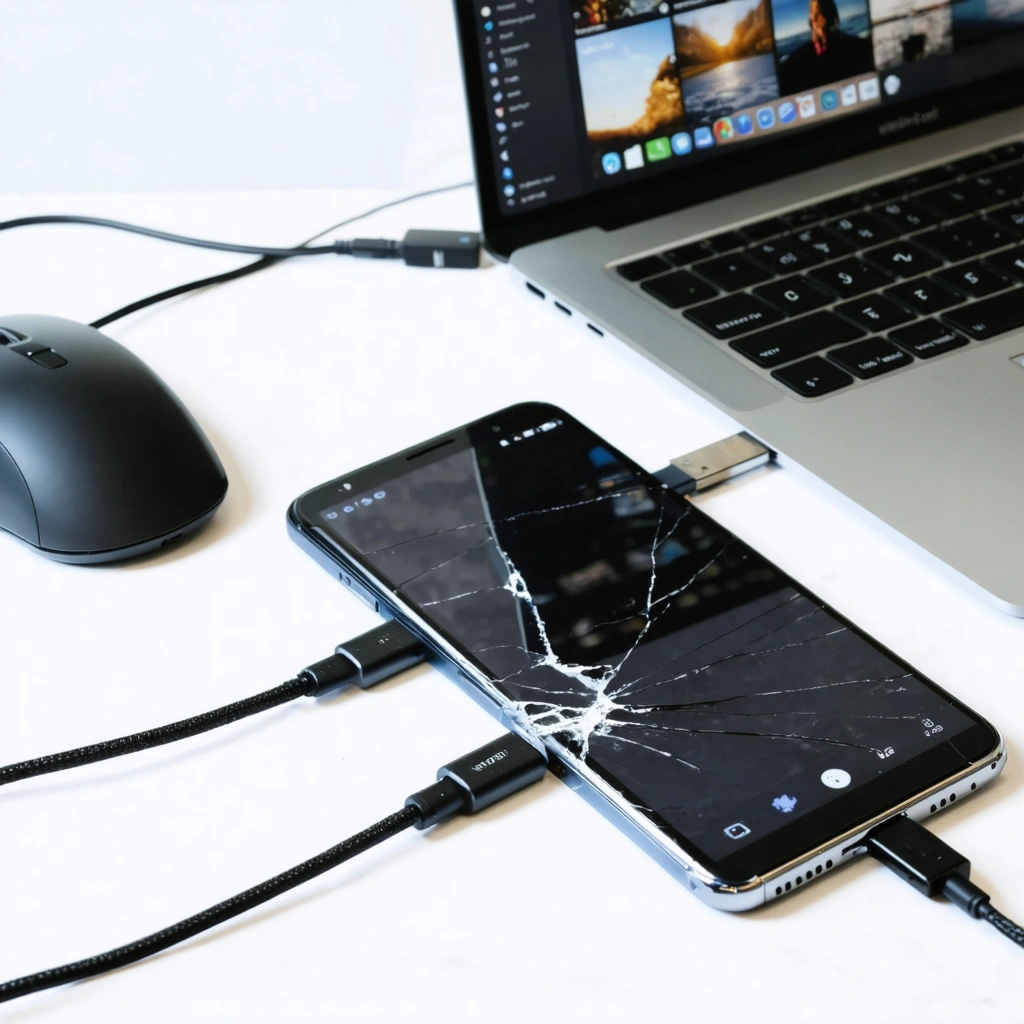 Un smartphone Android à écran noir est relié à une souris USB via un adaptateur OTG, à côté d’un ordinateur affichant un transfert de photos.