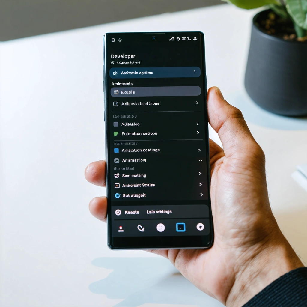 Un smartphone Android affiche les options pour developpeurs avec les reglages d animation systeme en cours de modification.