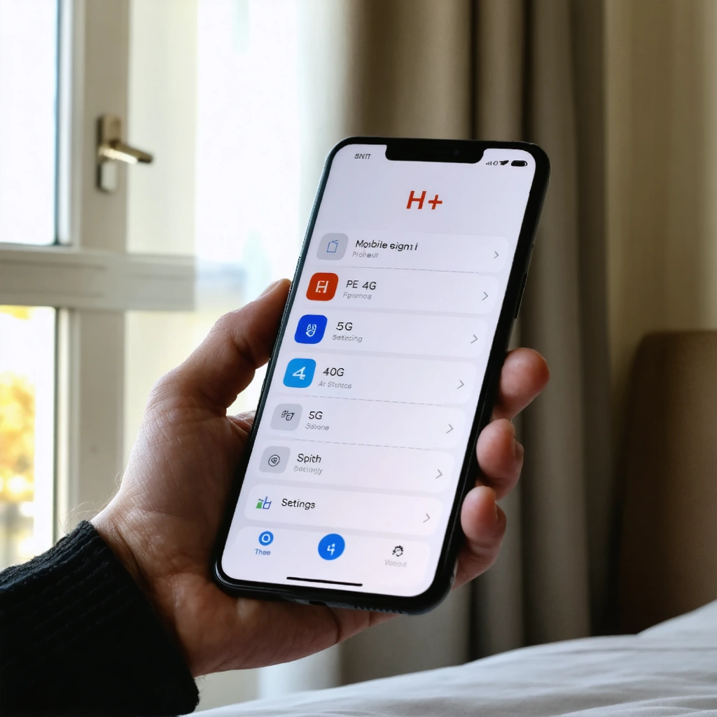 Un smartphone tenu en main affiche un réseau H+ dans les paramètres mobiles avec des options pour passer en 4G ou 5G, près d’une fenêtre dans un appartement.