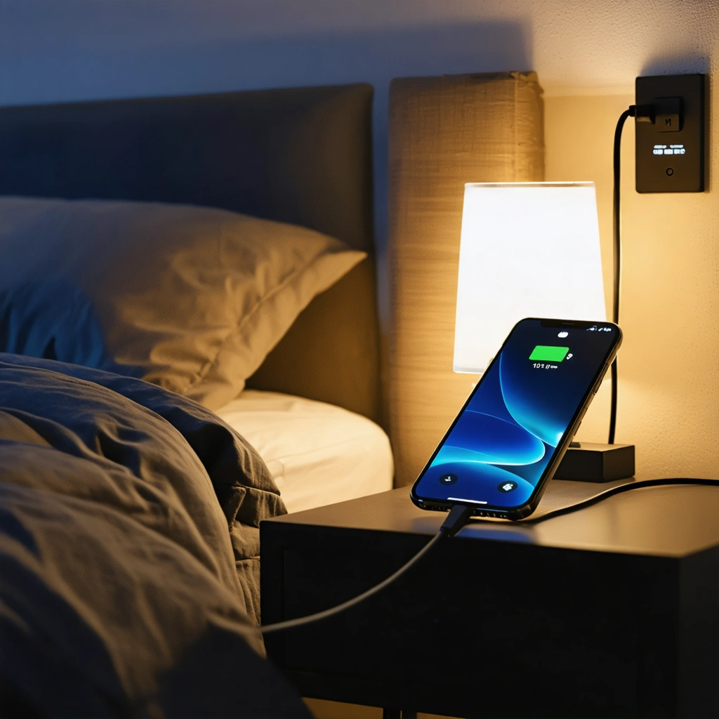 Un smartphone moderne en charge pendant la nuit sur une table de chevet, branché à un chargeur, dans une chambre faiblement éclairée.