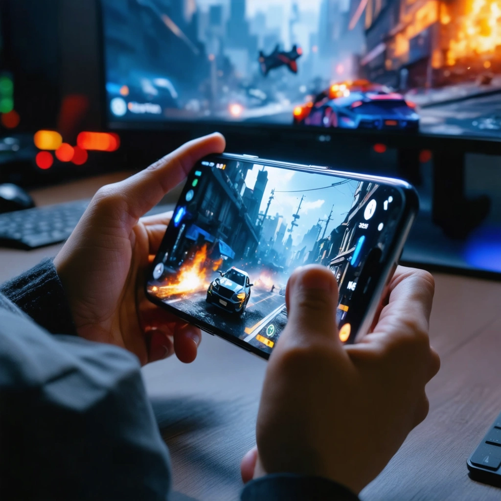 Gros plan réaliste d’un smartphone utilisé pour jouer à un jeu mobile rapide, avec un affichage très fluide mettant en avant la comparaison entre 120 Hz et 144 Hz.