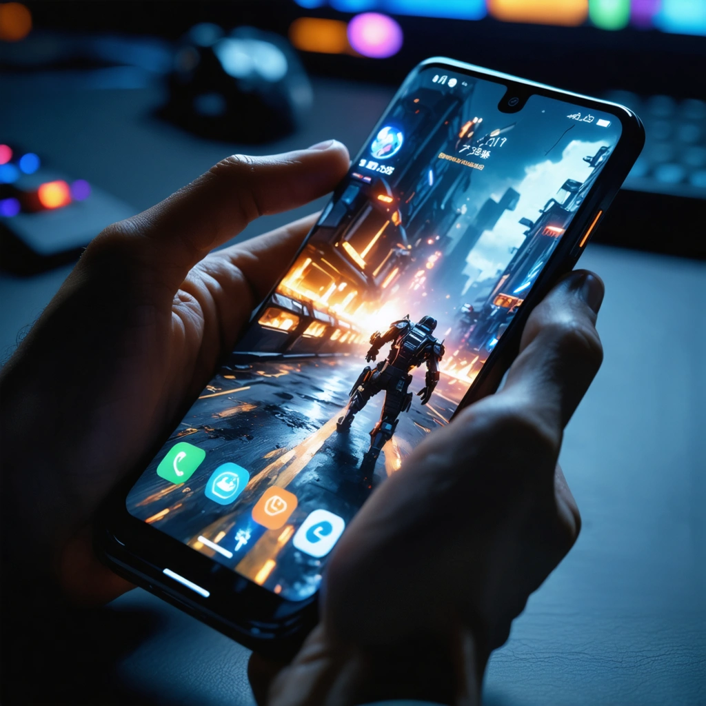 Smartphone utilisé pour un jeu mobile gourmand avec un ventilateur de refroidissement fixé à l’arrière afin de limiter la chauffe