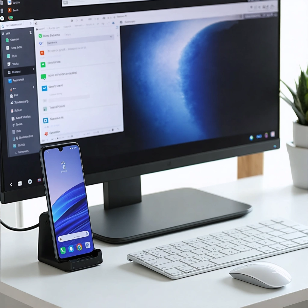 Un smartphone Android posé sur un support et relié à un écran externe avec un hub USB-C, un clavier et une souris, dans une configuration de mini PC de bureau.