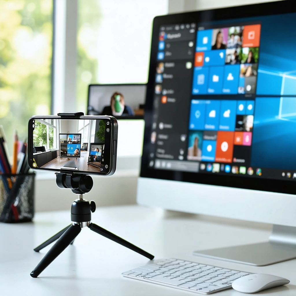 Un smartphone fixé sur un petit trépied sert de webcam sans fil face à un PC dans un bureau lumineux, avec une image vidéo nette affichée à l’écran.