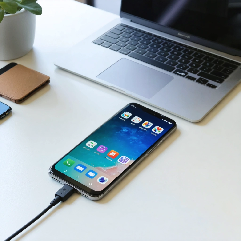 Un smartphone Android relié à un ordinateur par câble USB pendant la suppression d'applications preinstallees inutiles sans root