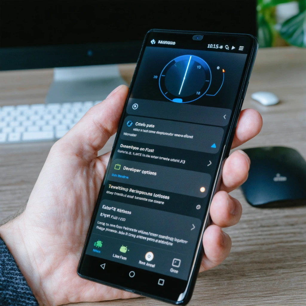 Smartphone Android affichant un compteur du taux de rafraichissement en temps reel dans les options developpeur, tenu en main sur un bureau moderne