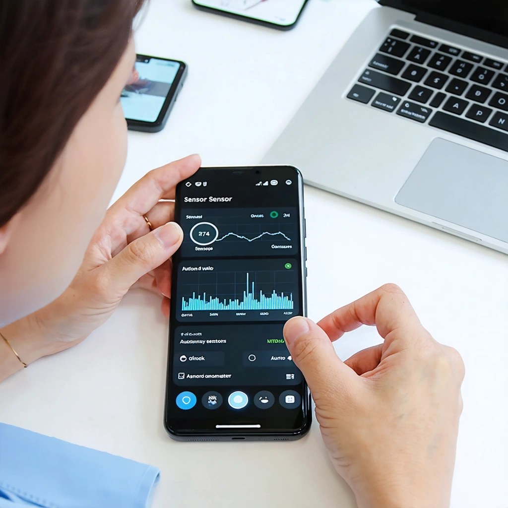 Un smartphone Android posé sur une table affiche un outil de diagnostic des capteurs gyroscope et accéléromètre pendant un test de mouvement.
