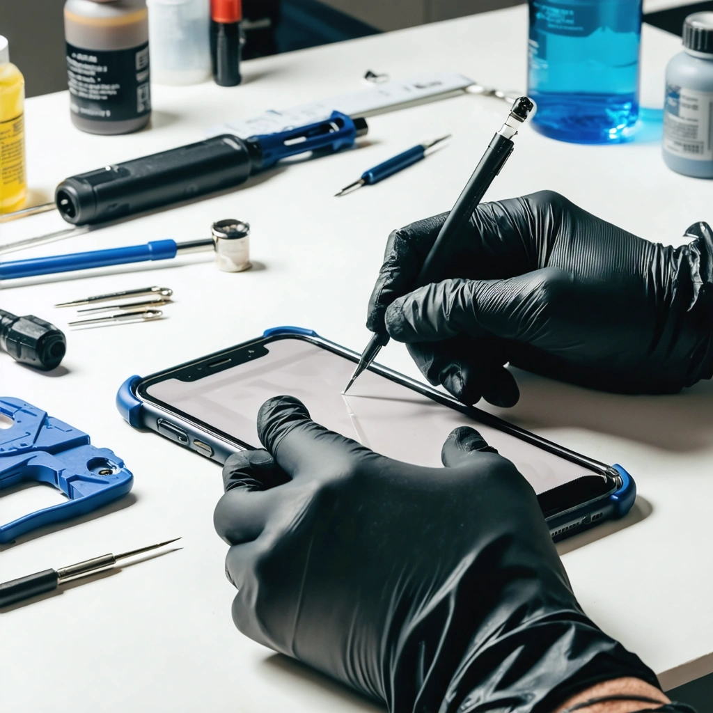 Un smartphone IP68 posé sur un établi de réparation, inspecté après un remplacement d’écran par une technicienne avec des gants, sans test dans l’eau.