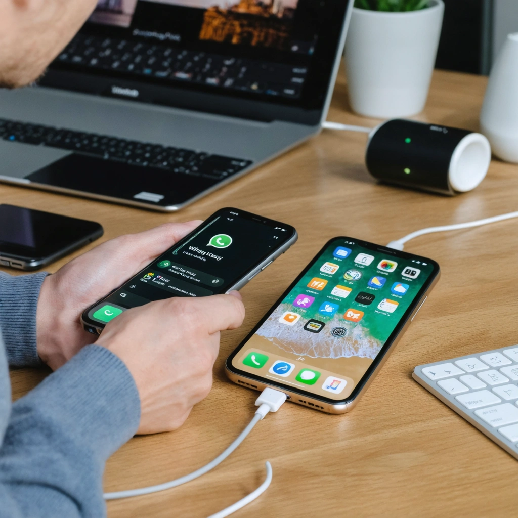 Deux smartphones, un Android et un iPhone, posés côte à côte pendant un transfert de conversations WhatsApp avec des câbles branchés sur un bureau.