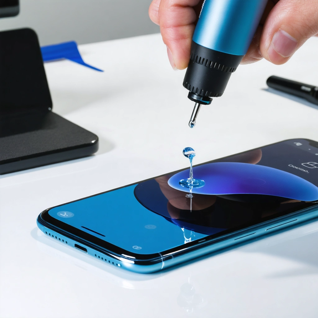 Pose realiste d une protection d ecran en verre trempe UV sur un smartphone a ecran incurve avec colle liquide et lampe UV sur un bureau