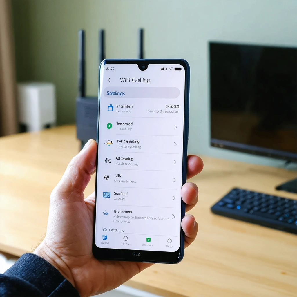 Un smartphone importe affiche les parametres d appels Wi Fi devant une box internet dans un interieur domestique