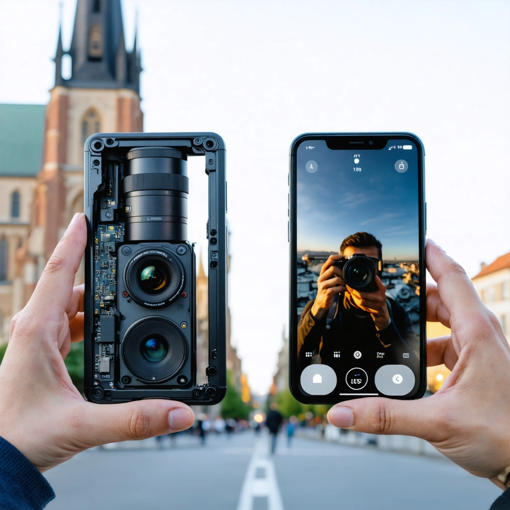 Comparaison réaliste entre un smartphone avec zoom périscopique et un zoom numérique par recadrage, avec un sujet lointain photographié en ville.